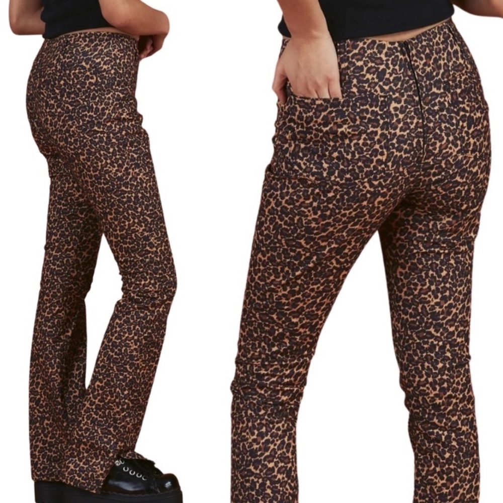 UNIF Debbie Pants Cheetah Leopard Print Y2K Split Hem Flared Leg Stretch Jeans